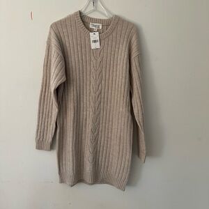 Trixxi Beige Ribbed Cable-Knit Sweater Dress with Tie Waist